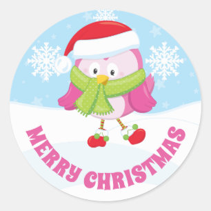 Pegatina Redonda Búho Rosa Lindo con Bufanda Verde Feliz Navidad