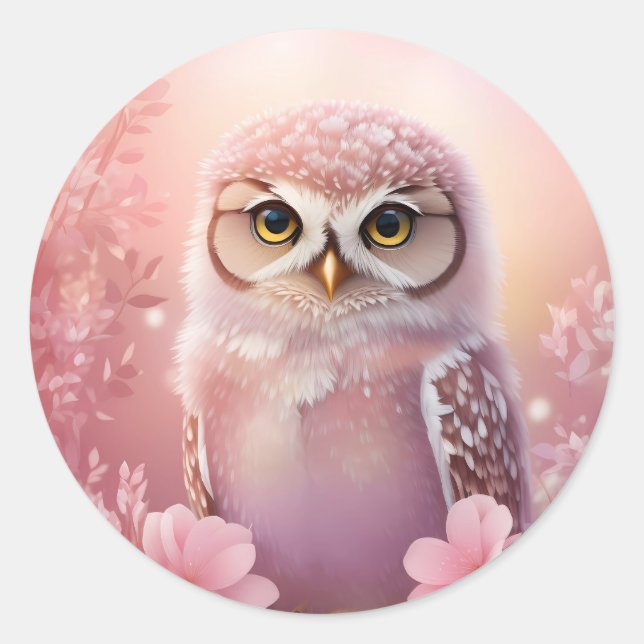 Pegatina Redonda Búho rosado adorable (Anverso)