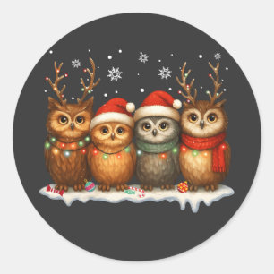 Pegatina Redonda Búhos Navideños Adorables con Gorros de Santa y Re
