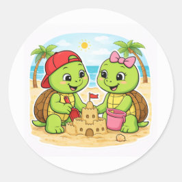 Pegatina Redonda Building a sandcastle by the sea