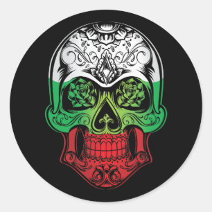 Pegatina Redonda Bulgaria Calavera Y Bandera De Rosas
