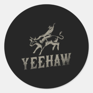 Pegatina Redonda Bull Riding Horseback en Rodeo Occidental Yehaw