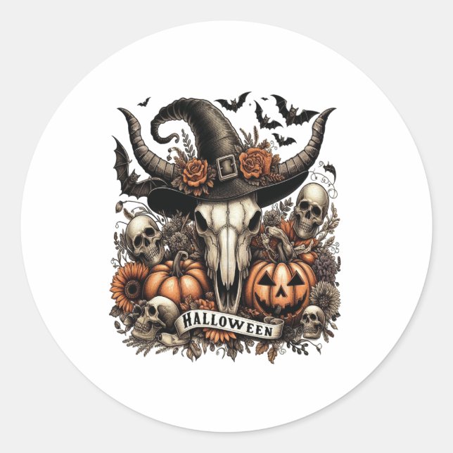 Pegatina Redonda Bull Skull Halloween Cow (Anverso)