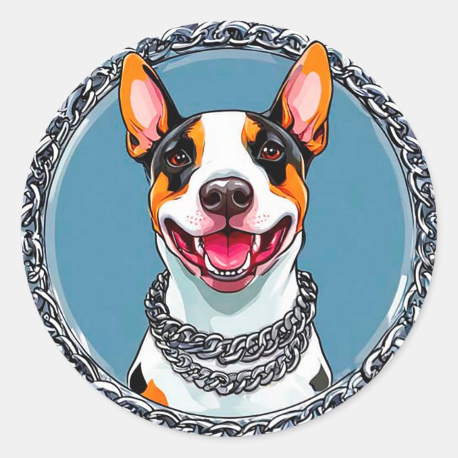 Pegatina Redonda Bull Terrier sonriente 🐶 Retrato de perro feliz y (Anverso)