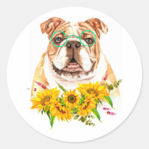 Pegatina Redonda Bulldog acuático y girasoles