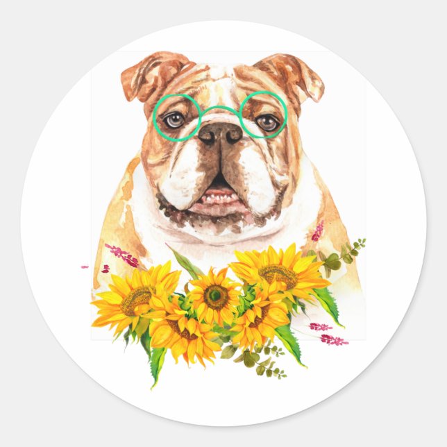 Pegatina Redonda Bulldog acuático y girasoles (Anverso)