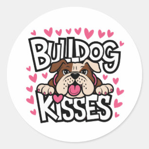 Pegatina Redonda Bulldog Adorable Besos Corazón Rosa Amante Perro C