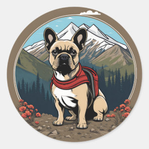 Pegatina Redonda Bulldog Animal Francés Con Montañas