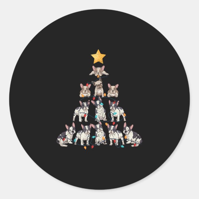 Pegatina Redonda Bulldog Árbol de Navidad Perro Frenchie Navidad Pj (Anverso)
