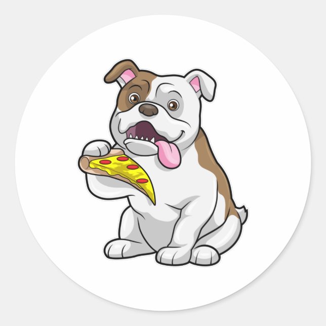 Pegatina Redonda Bulldog con pedazo de pizza (Anverso)