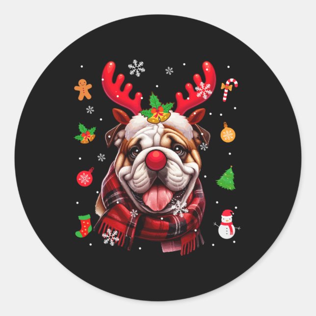 Pegatina Redonda Bulldog Cosplay Navidades de renos Costume propiet (Anverso)