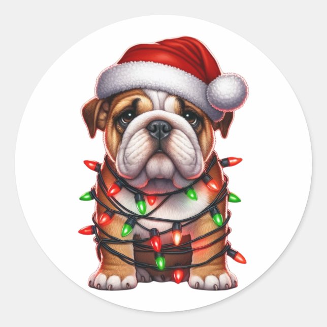 Pegatina Redonda Bulldog de Navidades inteligentes (Anverso)