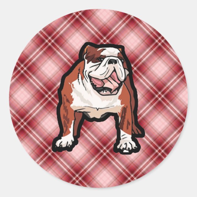 Pegatina Redonda Bulldog de Red Plaid (Anverso)