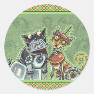 Pegatina Redonda BULLDOG DE ROBOT ADORABLE Y FELINE FRIENY Funny