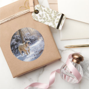 Pegatina Redonda Bulldog Dejar Que Nieva Navidades Cepillado