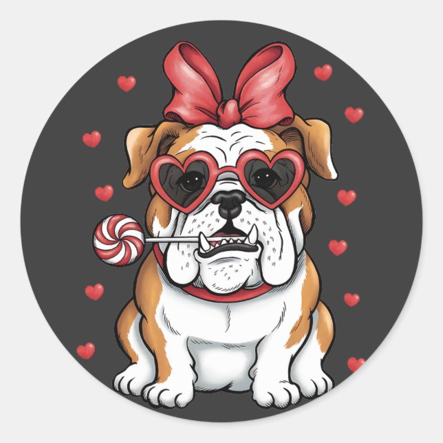 Pegatina Redonda Bulldog dulce con el El día de San Valentín Lollip (Anverso)