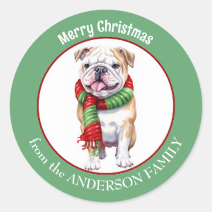 Pegatina Redonda Bulldog en la bufanda de Navidades rojos y verdes