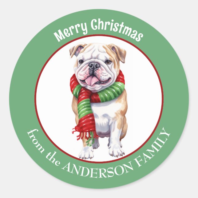 Pegatina Redonda Bulldog en la bufanda de Navidades rojos y verdes (Anverso)