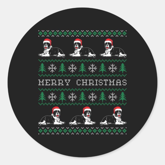 Pegatina Redonda Bulldog Feliz Navidad Familia Graciosa Fea Christm (Anverso)