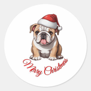 Pegatina Redonda Bulldog festivo Feliz Navidad Clásico camiseta