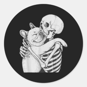 Pegatina Redonda Bulldog Francés Abrazo Esqueleto Halloween Amante