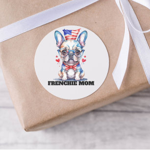 Pegatina Redonda Bulldog Francés Adorable Bandera Americana con Cor