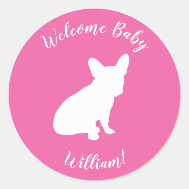 Pegatina Redonda Bulldog francés Baby Shower Frenchie Rosa (Anverso)