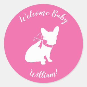 Pegatina Redonda Bulldog francés Baby Shower Frenchy Frenchie Pink