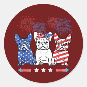 Pegatina Redonda Bulldog Francés Bandera Americana 4 de Julio