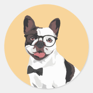 Pegatina Redonda Bulldog francés blanco y marrón hipster