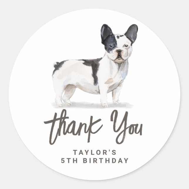 Pegatina Redonda Bulldog francés blanco y negro gracias (Anverso)