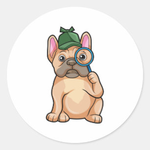 Pegatina Redonda Bulldog francés como detective con vidrio de magni