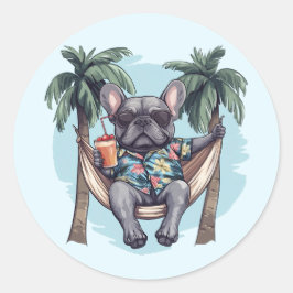 Pegatina Redonda Bulldog Francés con camisa hawaiana