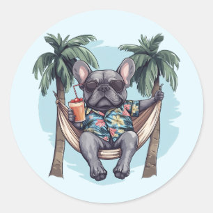 Pegatina Redonda Bulldog Francés con camisa hawaiana