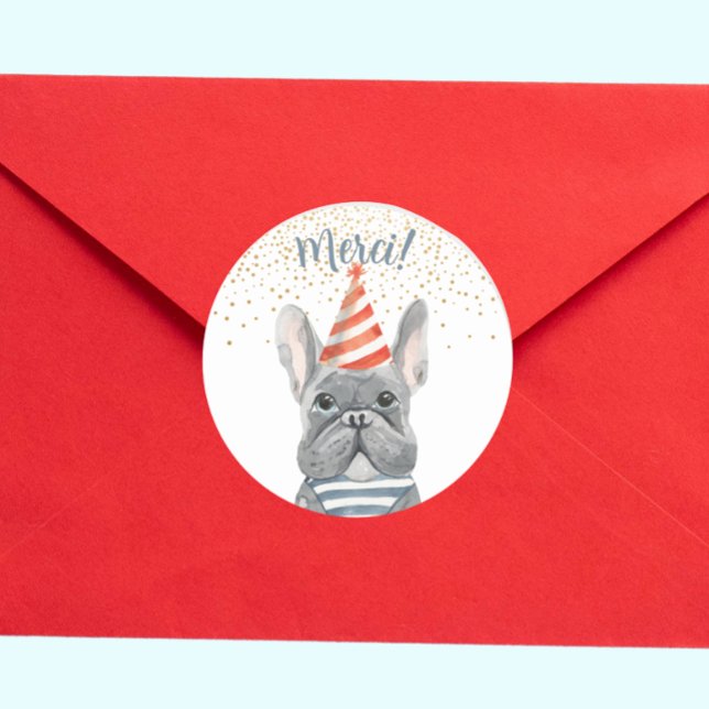 Pegatina Redonda Bulldog francés con Fiesta Gorra MGracias Confetti (Subido por el creador)