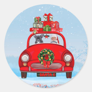 Pegatina Redonda Bulldog Francés En Coche Con Santa Claus