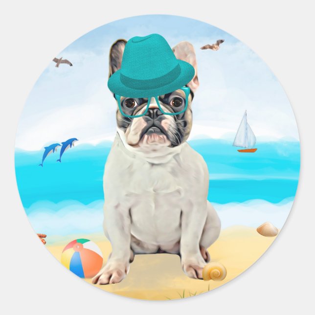 Pegatina Redonda Bulldog francés en la playa (Anverso)
