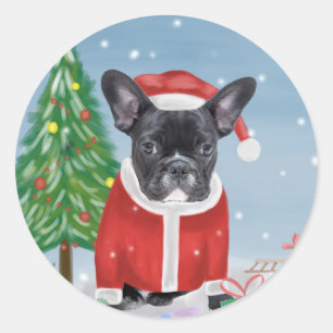 Pegatina Redonda Bulldog francés en nieve con regalos de Navidades