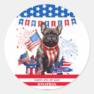 Pegatina Redonda Bulldog Francés Feliz 4 De Julio Patriótico Estado