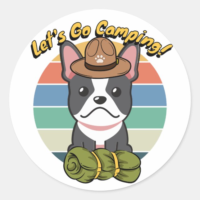 Pegatina Redonda Bulldog francés gracioso quiere ir a acampar (Anverso)