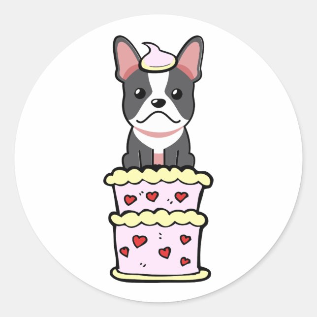 Pegatina Redonda Bulldog francés gracioso saltando de una torta (Anverso)