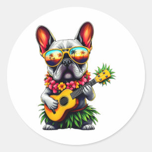 Pegatina Redonda Bulldog francés hawaiano & Ukulele de piña Su