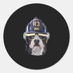 Pegatina Redonda Bulldog francés lindo con casco para bomberos