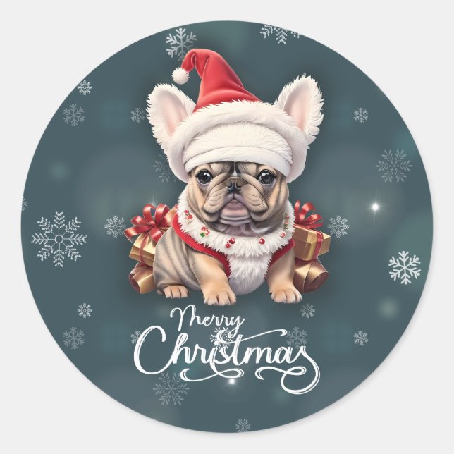 Pegatina Redonda Bulldog francés lindo Santa Hat Feliz Navidad (Anverso)