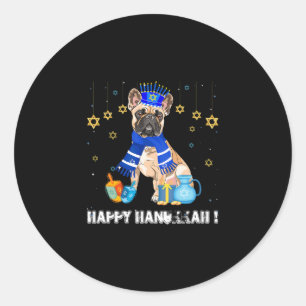 Pegatina Redonda Bulldog francés Menorah Gorra Happy Chanukah Hanuk