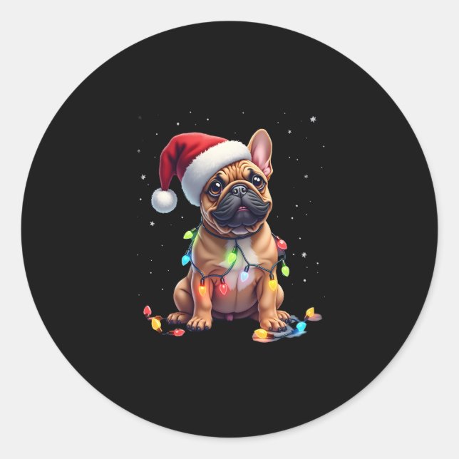 Pegatina Redonda Bulldog francés Navidad iluminando Bulldog Santa F (Anverso)