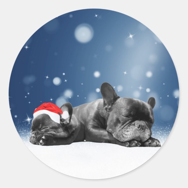 Pegatina Redonda Bulldog francés navidades Cachorros nieve sombrero (Anverso)