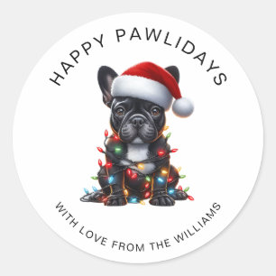 Pegatina Redonda Bulldog Francés Negro Enredado en Luces de Navidad