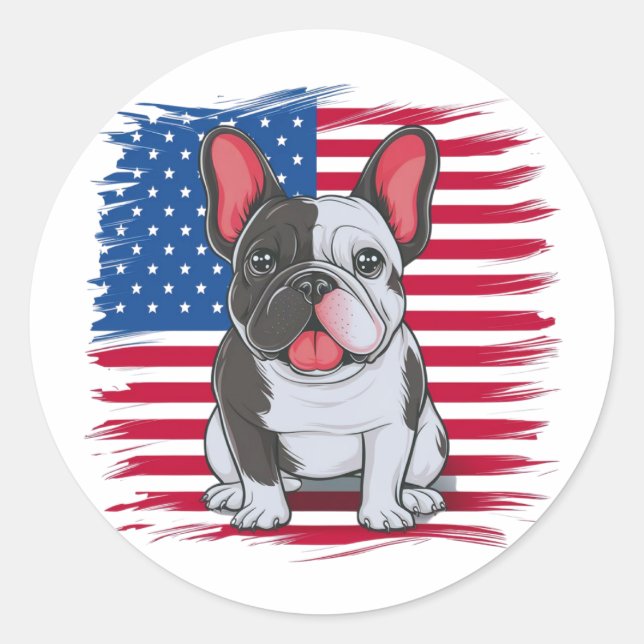 Pegatina Redonda Bulldog francés personalizado con bandera estadoun (Anverso)