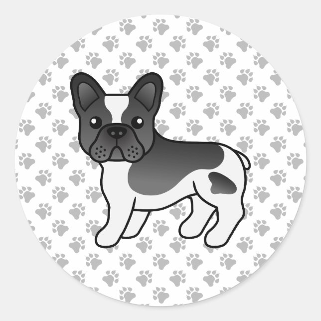 Pegatina Redonda Bulldog Francés Piebald Negro Perro de Dibujos Ani (Anverso)